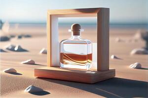 bottle of whiskey sitting on top of a sandy beach. . photo