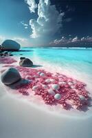 beach with pink sand and rocks in the water. . photo