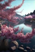 painting of pink flowers on a tree next to a body of water. . photo