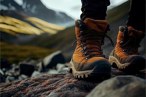 par de excursionismo botas en pie en un roca. generativo ai. foto