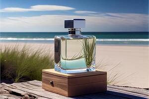 bottle of perfume sitting on top of a wooden box. . photo