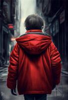persona en un rojo chaqueta caminando abajo un calle. generativo ai. foto