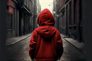 person in a red jacket walking down a street. . photo