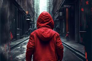 person in a red jacket walking down a street. . photo