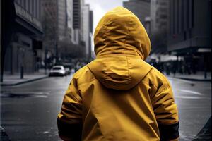 person in a yellow jacket on a city street. . photo