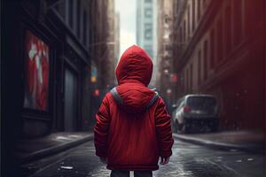 person in a red jacket walking down a street. . photo