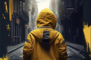 persona en un amarillo chaqueta caminando abajo un calle. generativo ai. foto