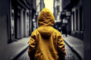persona en un amarillo chaqueta caminando abajo un calle. generativo ai. foto