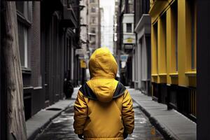 persona en un amarillo chaqueta caminando abajo un calle. generativo ai. foto