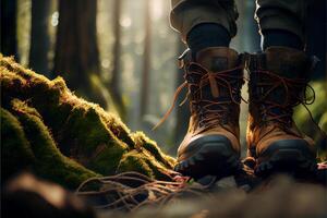 person standing on a moss covered rock in the woods. . photo