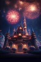 picture of a castle with fireworks in the sky. generative ai. photo