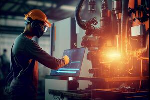 man in a hard hat working on a laptop. . photo