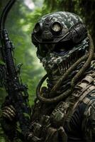 man in camouflage holding a machine gun. generative ai. photo
