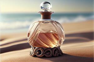 bottle of perfume sitting on top of a sandy beach. . photo