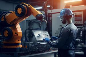 man working on a laptop in a factory. . photo