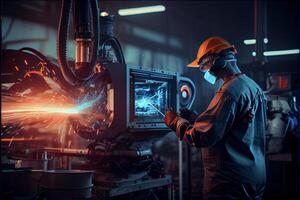 man working on a machine in a factory. . photo