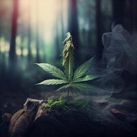 marijuana leaf sitting on top of a moss covered rock. . photo