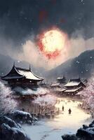 painting of a japanese village in the snow. . photo