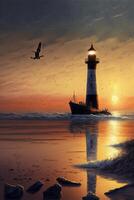 painting of a lighthouse and a boat in the water. . photo