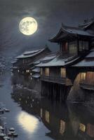 painting of a night scene with a full moon. . photo