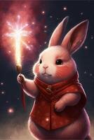 painting of a rabbit holding a sparkle wand. . photo