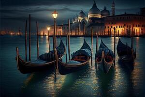 group of gondolas sitting on top of a body of water. . photo