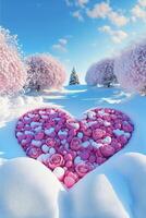 heart made out of flowers in the snow. . photo