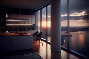 kitchen with a view of the ocean. . photo