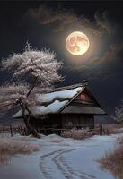 house in the snow with a full moon in the background. . photo