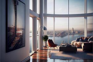 living room filled with furniture and a large window. . photo