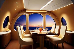 dining room with a view of the ocean. . photo