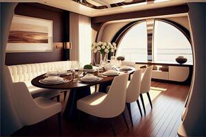 dining room with a wooden table and white chairs. . photo