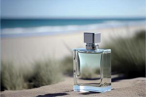 bottle of perfume sitting on top of a sandy beach. . photo