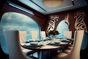 dining room with a view of the ocean. . photo