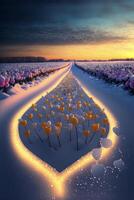 field of flowers in the middle of a snow covered field. . photo