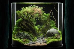 fish tank filled with green plants and rocks. . photo