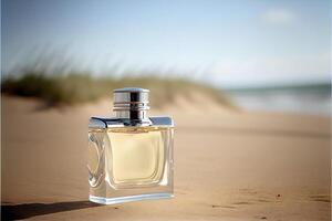 bottle of perfume sitting on top of a sandy beach. . photo