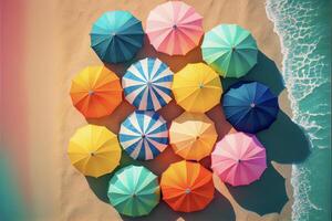 grupo de vistoso paraguas sentado en parte superior de un arenoso playa. generativo ai. foto