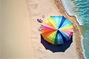 vistoso paraguas sentado en parte superior de un arenoso playa. generativo ai. foto