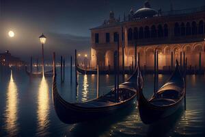 couple of gondolas sitting on top of a body of water. . photo