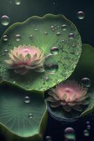 couple of pink flowers sitting on top of a green leaf. . photo