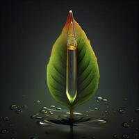 bottle filled with liquid sitting on top of a leaf. . photo