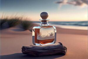 bottle of perfume sitting on top of a piece of wood. . photo