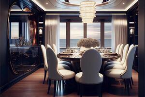 dining room table with chairs and a chandelier. . photo