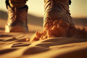 close up of a persons shoes in the sand. . photo