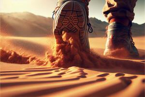 close up of a persons shoes in the sand. . photo