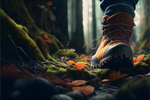 close up of a persons shoes in the woods. . photo