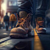 close up of a persons shoes on a street. . photo