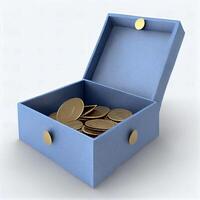 blue box filled with coins sitting on top of a table. . photo