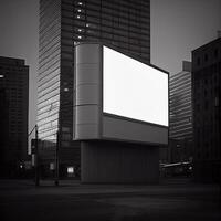 black and white photo of a billboard in a city. .
